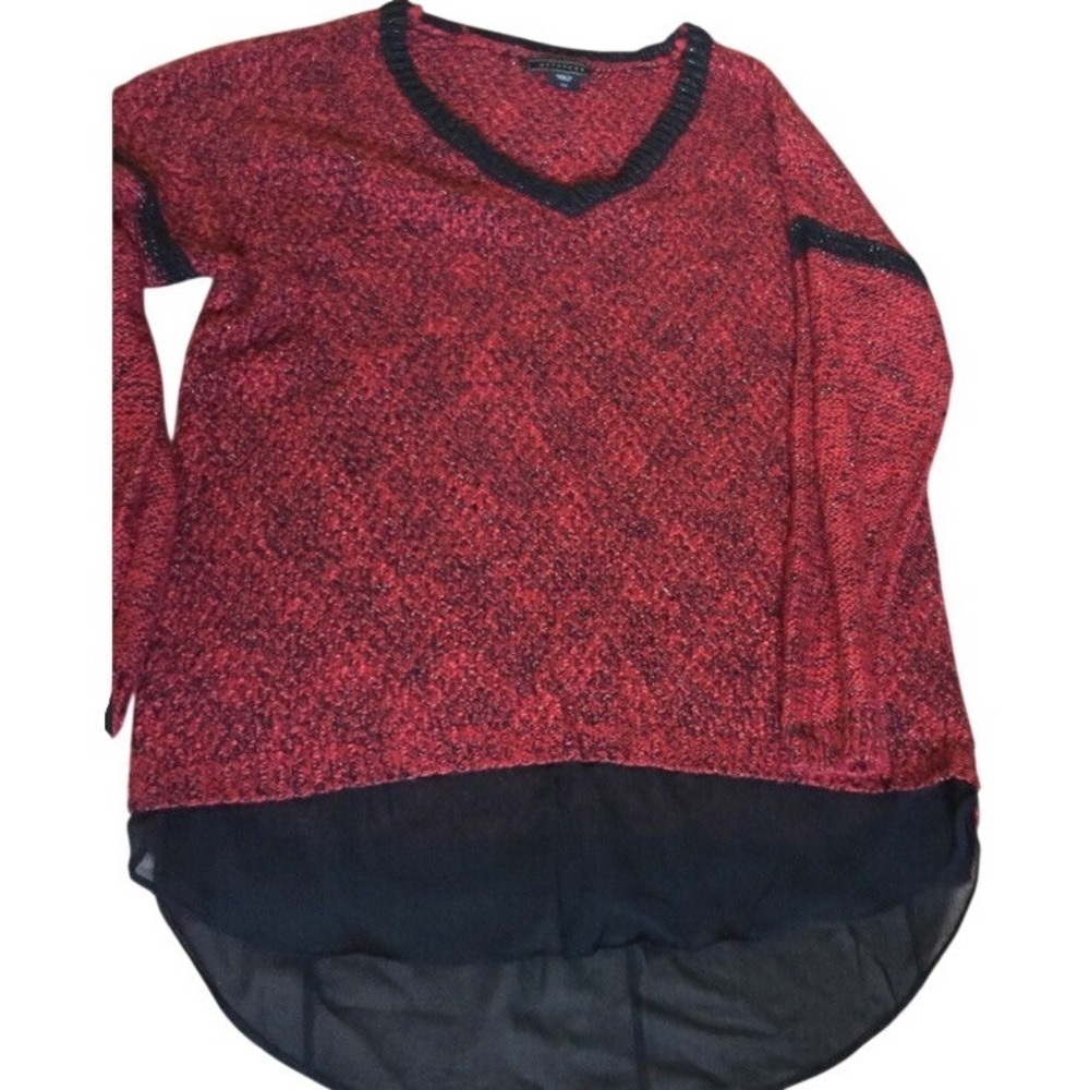 Metaphor Womens Red Black Marled V-Neck Sweater Sheer Layered Hem Small Metallic